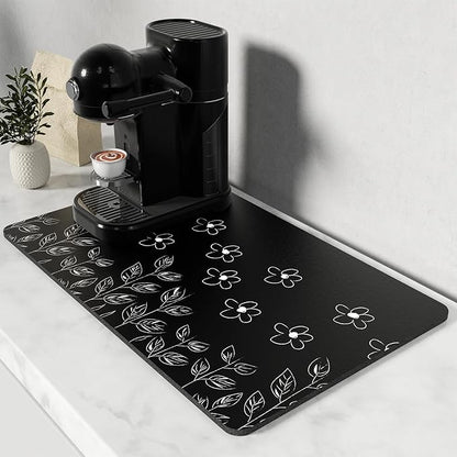 Rnivvi Coffee Mat, 12" x 19" Cute Coffee Bar Mats for Espresso Machine Station Accessories and Organizer, Hide Stain Rubber Backed Absorbent Dish Drying Pad for Kitchen Counter, Black White Flowers by Rnivvi