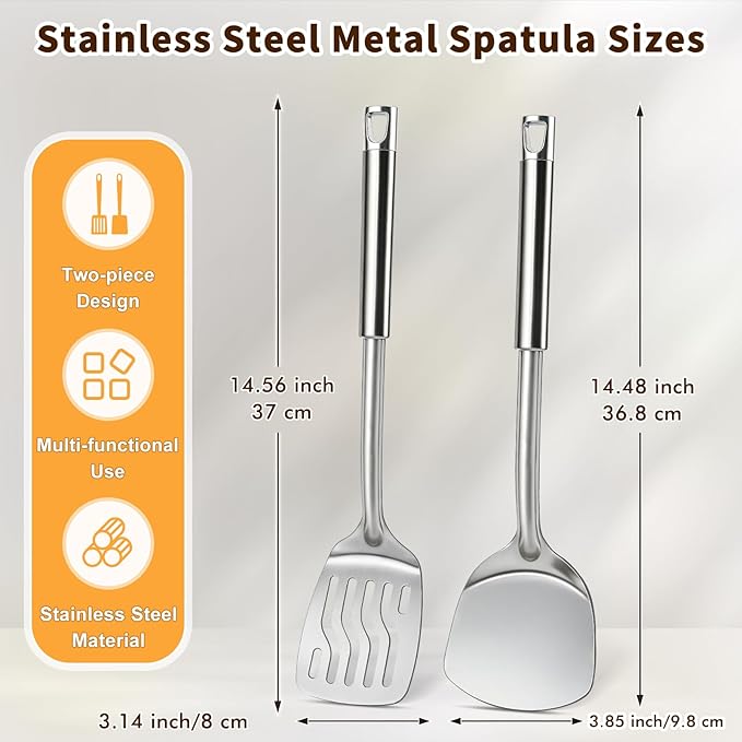 2 Pcs Stainless Steel Spatulas Set, Metal Spatula Solid & Slotted Turner, Heavy Duty Sturdy Spatula for Kitchen Use, High Heat Resistant Cooking Utensils for Fish Eggs Pancakes, Easy to Clean, Silver - Image 6