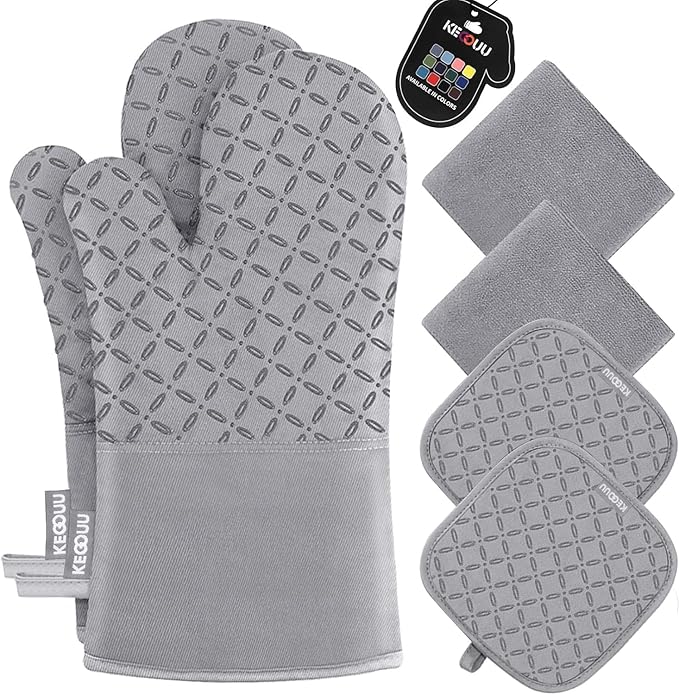 KEGOUU Oven Mitts and Pot Holders 6pcs Set, Kitchen Oven Glove High Heat Resistant 500 Degree Extra Long Oven Mitts and Potholder with Non-Slip Silicone Surface for Cooking (Light Gary) by KEGOUUOvenMitt