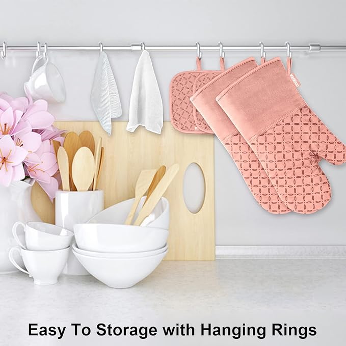 KEGOUU Oven Mitts and Pot Holders 6pcs Set, Kitchen Oven Glove High Heat Resistant 500 Degree Extra Long Oven Mitts and Potholder with Non-Slip Silicone Surface for Cooking (Pink) - Image 4