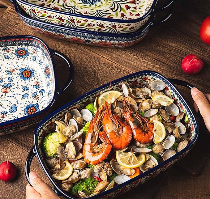 Red Daisy Flower Vintage Style Ceramic Bakeware Casserole Dish Baking Pan Lasagna Pans Baking Dish with Handles for Oven/Cooking/Kitchen-1 PCS, 60 OZ - Image 4