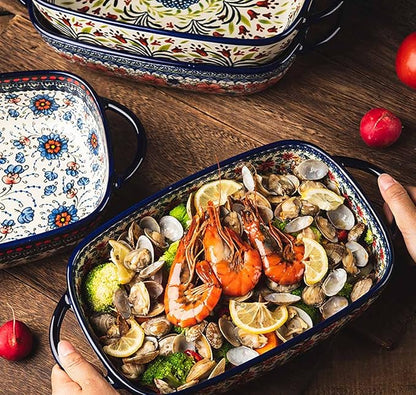 Red Daisy Flower Vintage Style Ceramic Bakeware Casserole Dish Baking Pan Lasagna Pans Baking Dish with Handles for Oven/Cooking/Kitchen-1 PCS, 60 OZ - Image 4