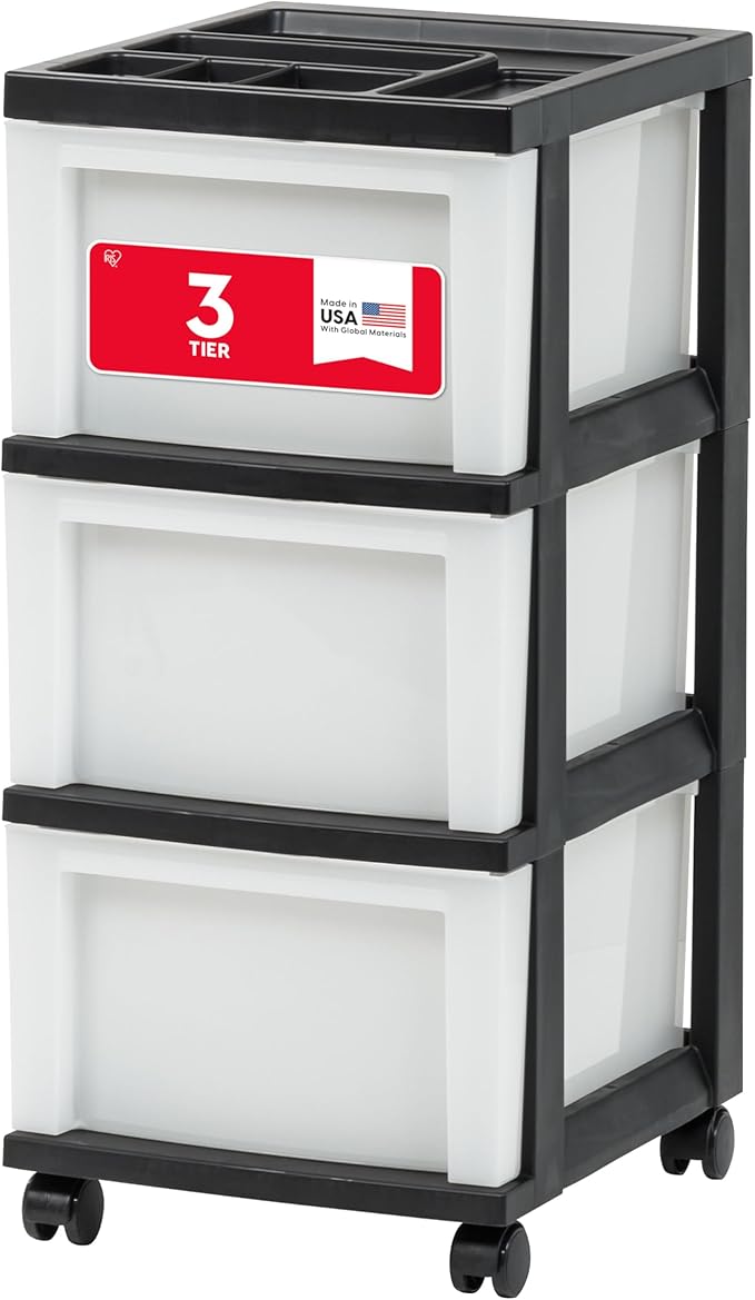 IRIS USA Plastic Drawer Storage Organizer Rolling Cart, with Wheels Casters, 3-Drawers, for Classroom Art Craft Supplies Dresser Closet Bathroom Laundry Room, Black/Pearl by IRISUSA
