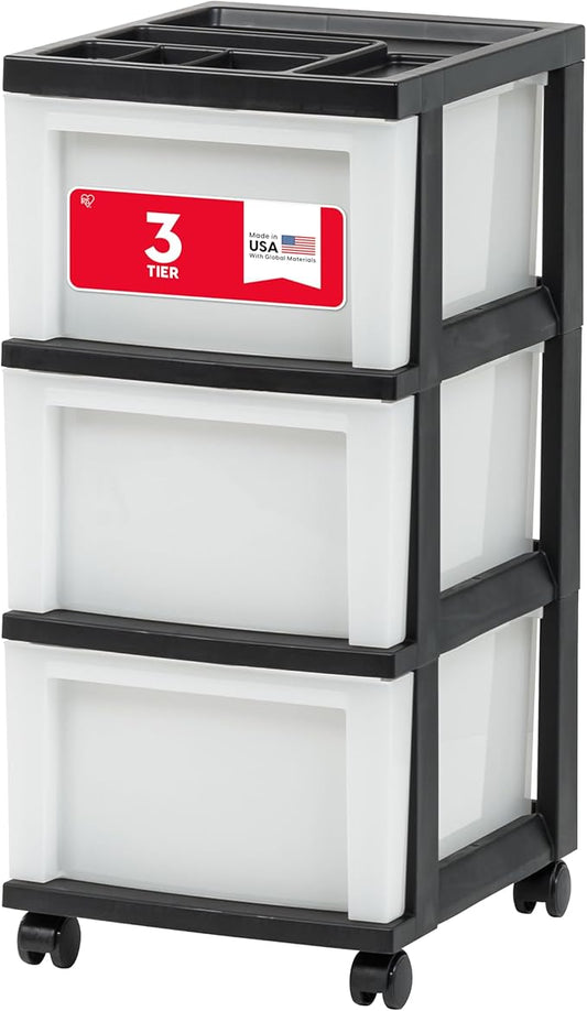 IRIS USA Plastic Drawer Storage Organizer Rolling Cart, with Wheels Casters, 3-Drawers, for Classroom Art Craft Supplies Dresser Closet Bathroom Laundry Room, Black/Pearl by IRISUSA