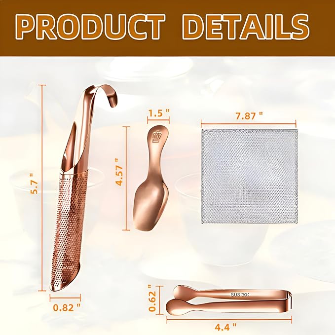 2 Pcs Tea Infuser with Hook Handle, Tea Diffusers for Loose Tea, Tea Steeper Stainless Steel Tea Strainers & Filters with Teaspoon Tea-tweezers Steel Wire Cloth(rose gold)