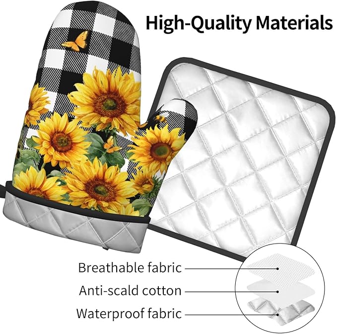 Sunflower Oven Mitts and Pot Holders Sets of 2 Buffalo Plaid Kitchen Mitts Farmhouse Hot Pads for Cooking Baking Grilling - Image 4