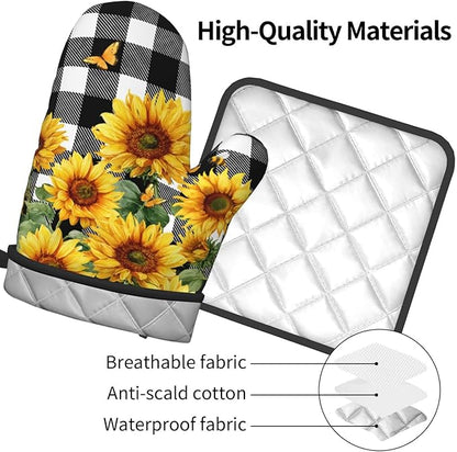 Sunflower Oven Mitts and Pot Holders Sets of 2 Buffalo Plaid Kitchen Mitts Farmhouse Hot Pads for Cooking Baking Grilling - Image 4