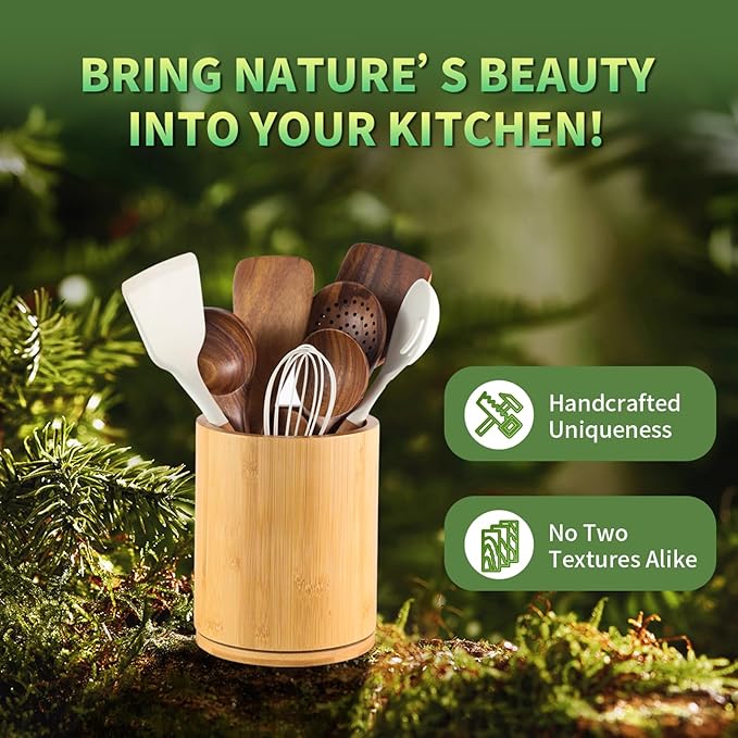 Wooden Utensil Holder, 360°Rotating 7.3'' Large Utensil Holder for Kitchen Counter, Kitchen Utensil Organizer, Utensil Crock, Farmhouse Kitchens Countertop Decor, Bamboo Wood - Image 7