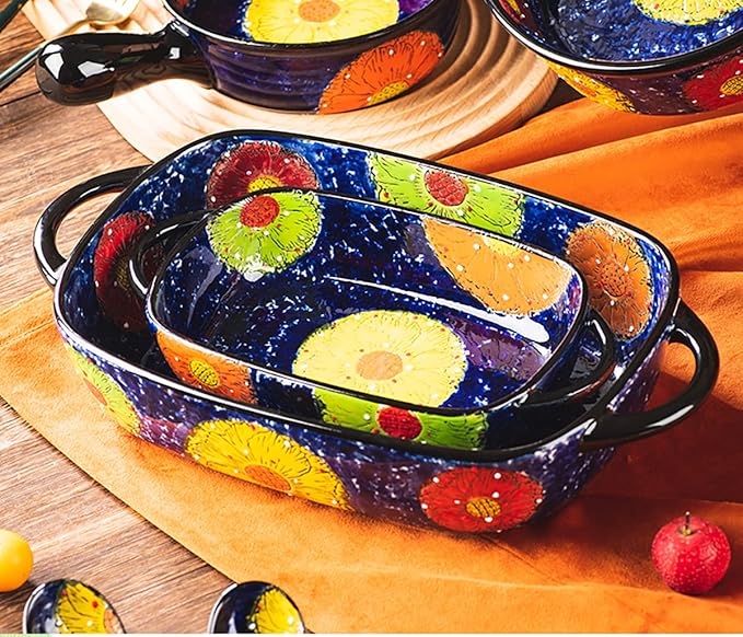 Vintage Style Pottery Bakeware Colorful Daisy Pattern Ceramic Casserole Dish Baking Pan Lasagna Pans Baking Dish with Handles from Oven to Table Plate-1 PCS, 60 OZ - Image 7