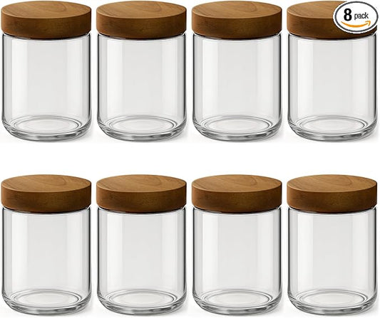 8 Pack 16oz and 10oz Overnight Oats Containers with Lids, Glass Mason Jars with Acacia Wood Airtight Lids, Wide Mouth Meal Prep Storage Jars for Yogurt, Chia Pudding, Salad, Snacks