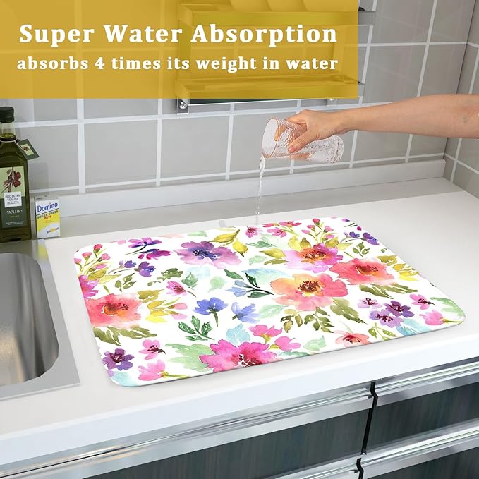 Spring Floral Dish Drying Mat for Kitchen Counter Flower Microfiber Absorbent Dish Draining Reusable Washable Foldable Extra Large 18"x24" - Image 7
