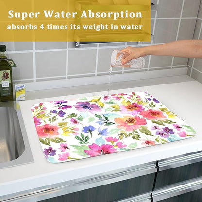 Spring Floral Dish Drying Mat for Kitchen Counter Flower Microfiber Absorbent Dish Draining Reusable Washable Foldable Extra Large 18"x24" - Image 7