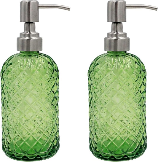 16 oz Diamond Pattern Glass Soap Dispenser, Kitchen and Bathroom Refillable Soap Dispenser with Rust Resistant Stainless Steel Pump for Hand Soap, Lotion Glass Liquid Dispenser(Green-2pack) by SDlumeiy