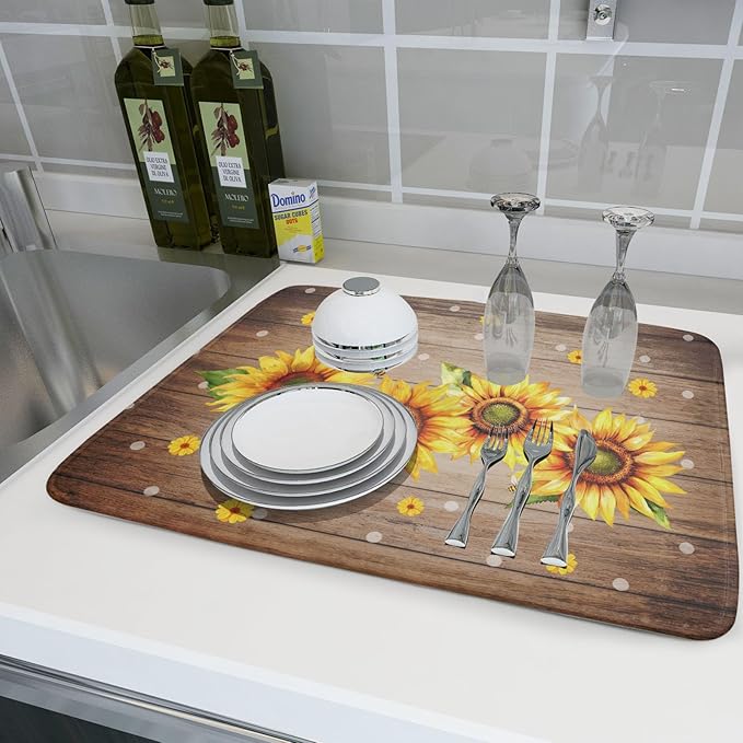 Summer Sunflower Bee Dish Drying Mat for Kitchen Counter,Rustic Yellow Flowers White Polka Dots Drying Mat 18 x 24 Inch with Absorbent Reversible Microfiber Drying Pad for Coffee Bar - Image 6