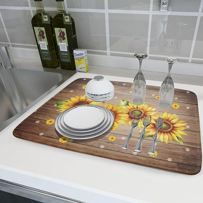 Summer Sunflower Bee Dish Drying Mat for Kitchen Counter,Rustic Yellow Flowers White Polka Dots Drying Mat 18 x 24 Inch with Absorbent Reversible Microfiber Drying Pad for Coffee Bar - Image 6