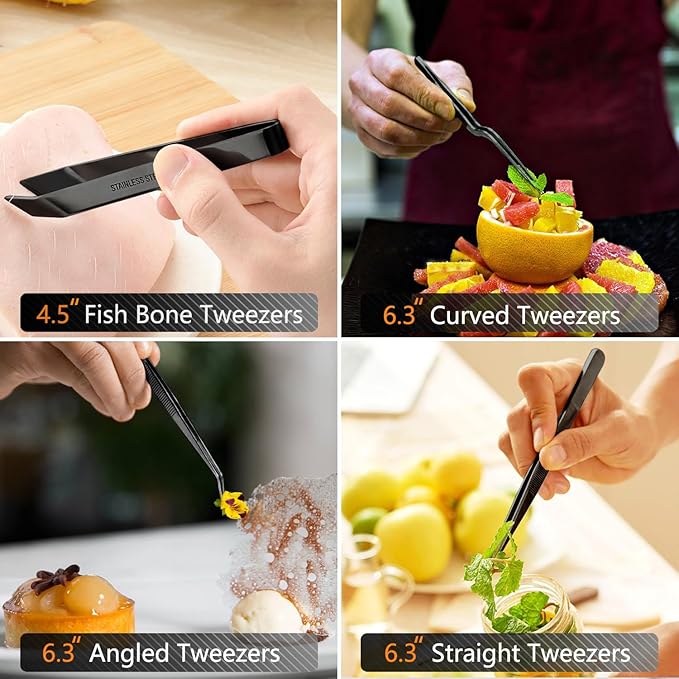 JETKONG 6 Pcs Cooking Tweezer Tongs, 12'' and 6.3" Stainless Steel Kitchen Tweezer Set, Professional Chef Tweezers for Cooking, Repairing, Sea Food, BBQ, Multi-use (Black) - Image 5