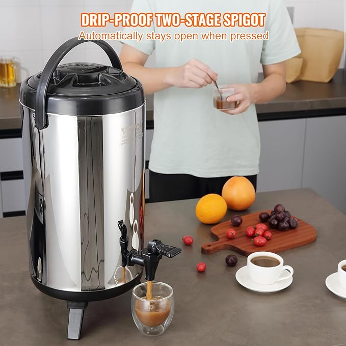 VEVOR Stainless Steel Insulated Beverage Dispenser, 2.4 Gallon 9.2 Liter, Thermal Hot and Cold Drink Server Dispenser with Spigot Handle, Food-grade for Hot Tea Coffee Water Restaurant Drink Shop - Image 5