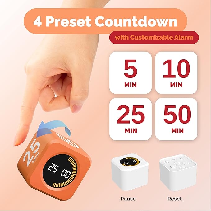 KADAMS Timer Pomodoro Visual - Productivity Pomodoro Cube, 5/10/25/50 Min Countdown & Countup, Silent – Ideal for Work Study Cook Workout Kitchen School Classroom Office ADHD Gift Kids (1, Orange)