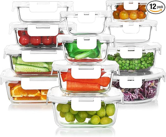 KOMUEE 24 Pieces Glass Food Storage Containers Set, Meal Prep Containers, BPA-Free Airtight Glass Storage Containers with lids,Freezer, Microwave and Oven Safe,White