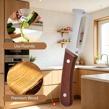 Multi-Functional Vegetable Peeler with Wooden Handle,3-in-1 Stainless Steel Stainless Steel Veggie Cutter with Bottle Opener,Kitchen Tool for Fruit Veggie Pumpkin That Need to Be Peeled(2PCS)