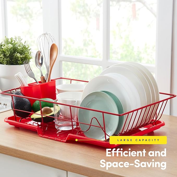 Sweet Home Collection Space-Saving 3-Piece Dish Drainer Rack Set: Efficient Kitchen Organizer for Quick Drying and Storage - Includes Cutlery Holder and Drainboard - Maximize Countertop Space, Red - Image 5