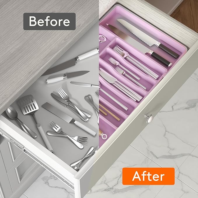 Lifewit Silverware Drawer Organizer, Expandable Utensil Tray for Kitchen, BPA Free Flatware and Cutlery Holder, Adjustable Plastic Storage for Spoons Forks Knives, 13-22 x 15", Purple - Image 5