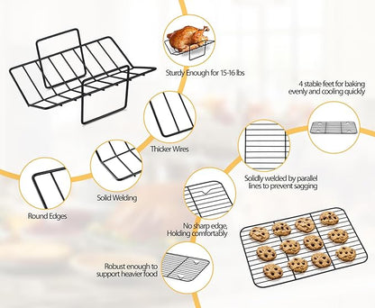 TeamFar Roasting Pan, 14” Nonstick Deep Lasagna Brownie Turkey Pan with V-Shaped Rack & Cooling Rack, with Stainless Steel Core & Nonstick Coating, Healthy & Heavy Duty, Easy to Clean, Set of 3
