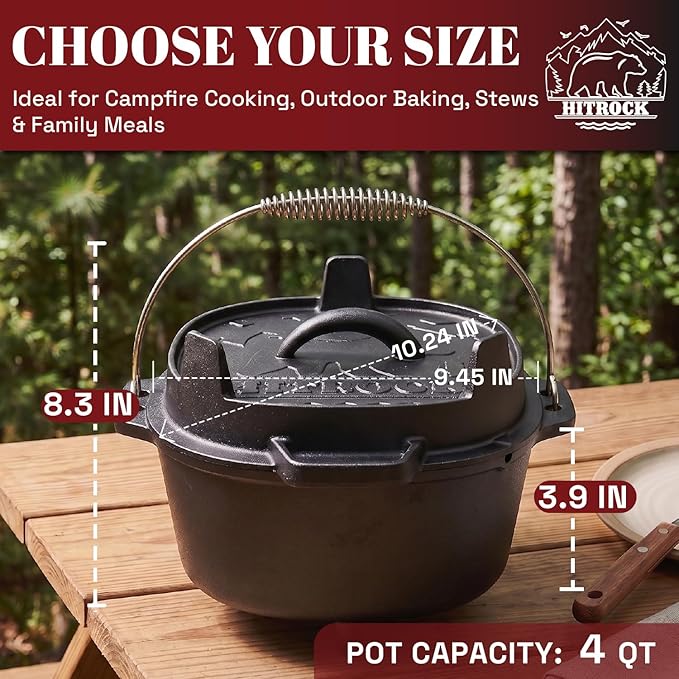 HITROCK Cast Iron Camp Dutch Oven 4QT, Pre-Seasoned Camping Dutch Oven with Lid, Flat Bottom Outdoor Pot with Lid Lifter,Pot Stand, Storage Bag & Handle for Camping, Baking, Grilling, Rounded-square Shape