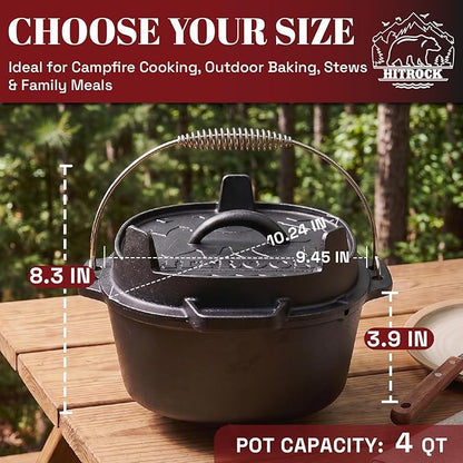 HITROCK Cast Iron Camp Dutch Oven 4QT, Pre-Seasoned Camping Dutch Oven with Lid, Flat Bottom Outdoor Pot with Lid Lifter,Pot Stand, Storage Bag & Handle for Camping, Baking, Grilling, Rounded-square Shape