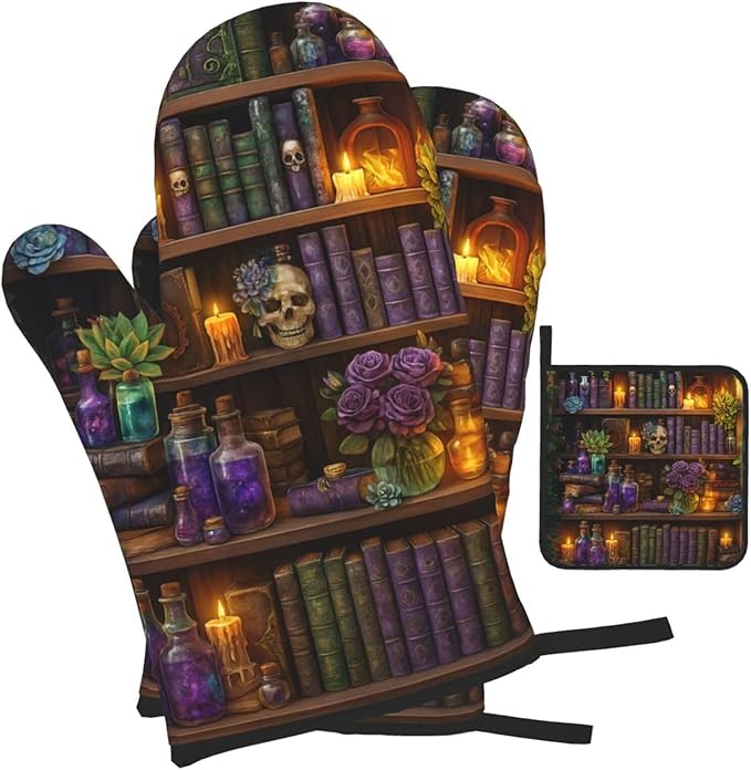 Witch Gothic Oven Mitts and Pot Holders Sets,Witchy Wicca Skull Baking Glovers Hot Pads,Mystical Heat Resistant Kitchen Mitts for Baking Cooking Grilling BBQ,Gothic Witchy Gifts for Women