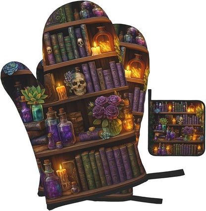 Witch Gothic Oven Mitts and Pot Holders Sets,Witchy Wicca Skull Baking Glovers Hot Pads,Mystical Heat Resistant Kitchen Mitts for Baking Cooking Grilling BBQ,Gothic Witchy Gifts for Women