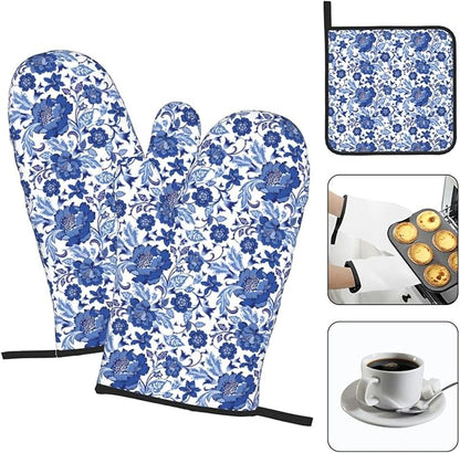 Navy Blue Floral Oven Mitts and Pot Holders Sets, Blue Chinoiserie Kitchen Mitts,Heat Resistant Oven Gloves Potholders for BBQ Baking Cooking Gifts for Baker Women & Housewarming Gifts for Hostress