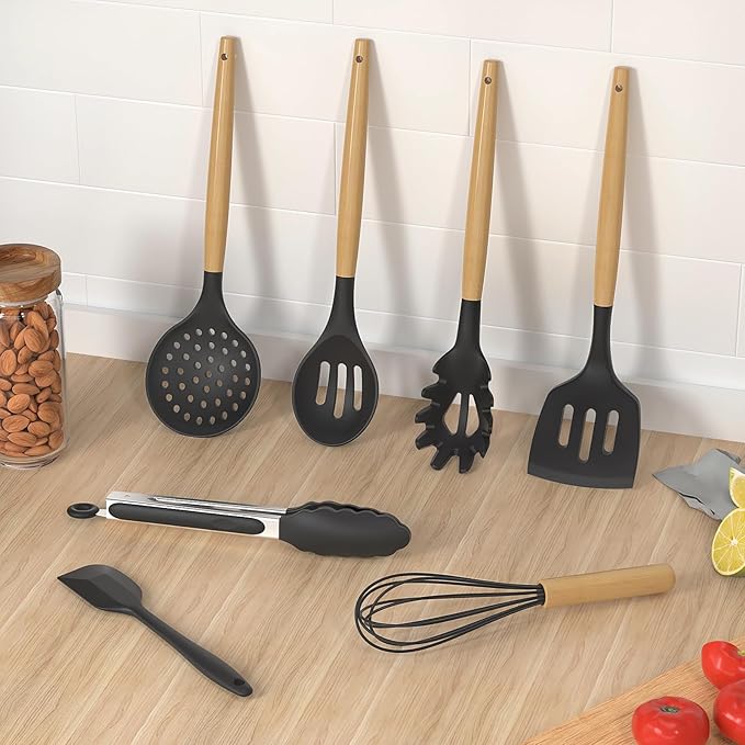 oannao Silicone Cooking Utensils Kitchen Utensil Set - 446°F Heat Resistant Silicone Kitchen Utensils Set, Spatula,Turner Tongs, Spoon, Whisk,Kitchen Gadgets for Nonstick Cookware, BPA Free (Gray) - Image 7