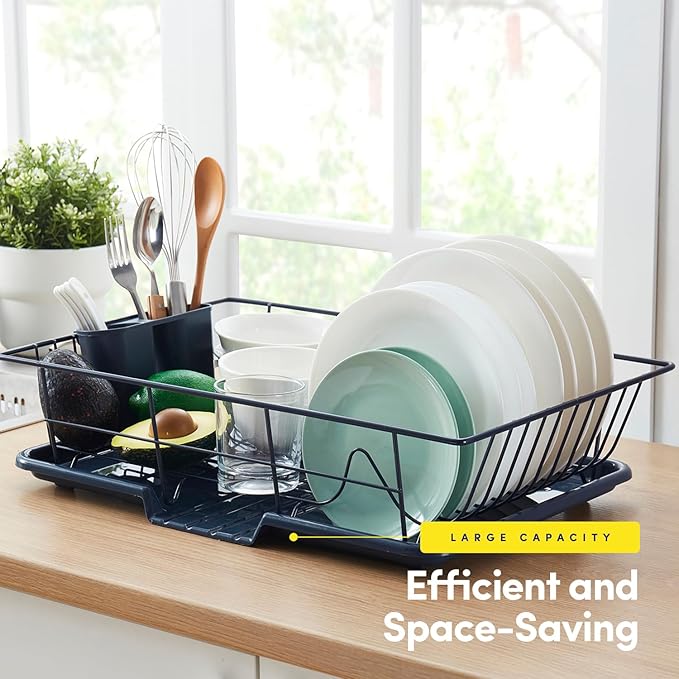 Sweet Home Collection Space-Saving 3-Piece Dish Drainer Rack Set: Efficient Kitchen Organizer for Quick Drying and Storage - Includes Cutlery Holder and Drainboard - Maximize Countertop Space, Navy - Image 3