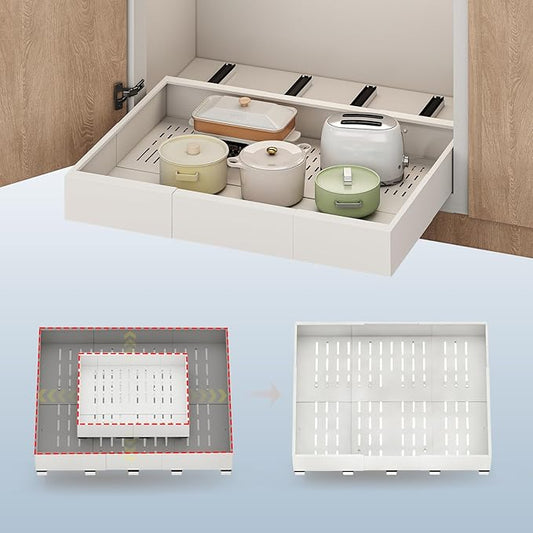 Pull out Cabinet Organizer,Expandable Width(23"-31"),Depth(17"-24") with 5 Rails,Roll out Drawers,No Drill Adjustable Slide out Shelves for Kitchen,Pantry,for Both Lip and Lip-Free Cabinets,White(1PC) by Fokyfok