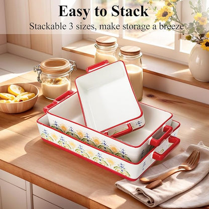 WRINGKIT Set of 3 Ceramic Baking Dishes, Rectangular Casserole Dish for Oven, Ceramic Bakeware Lasagna Pan Deep with Handles for Cooking, Baking, Wedding Gift, 3 Sizes (12''/10.7''/7.7''), Red - Image 7