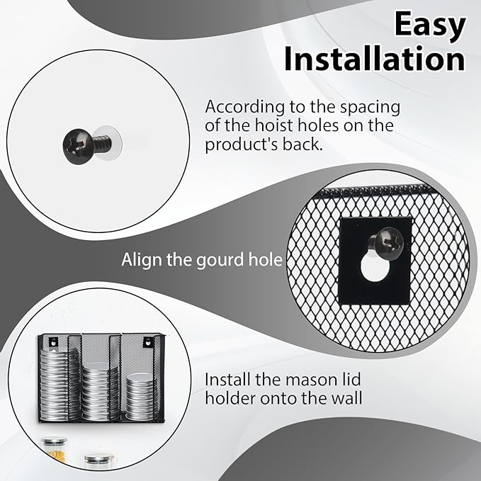 Wall Mounted Mason Jar Lid Organizer Metal Mason Jar Lid Holder 3-Compartment Mason Jar Lid Rack Vertical Mason Jars Lid Storage Wide Mouth Canning Lid Holder Stackable for Kitchen Countertop