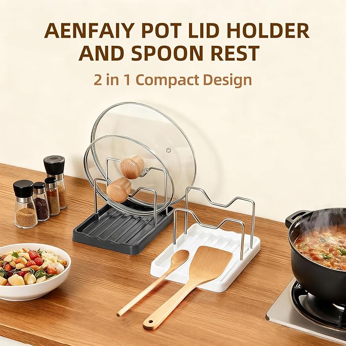 2 in 1 Pot Lid Holder & Spoon Rest for Kitchen Counter, Plastic Utensil Rest with Stainless Steel Pan Lid Holder Organizer While Cooking, Countertop Space Saving Pot Cover Rack | Easy to Clean - Image 2