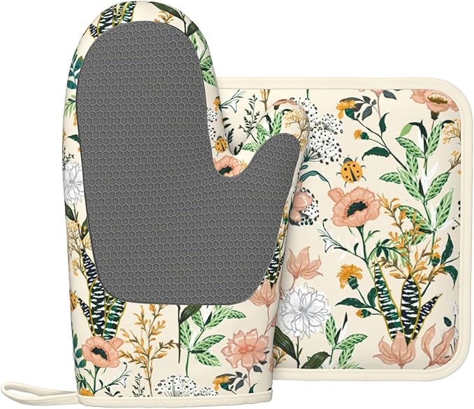 Floral Silicone Oven Mitts Pan Mats Set of 2, Heat Resistant Gloves Potholder with Non-Slip Grips Hanging Loops Pot Holder, Spring Summer for Chef Cooking, Baking, Grilling, BBQ