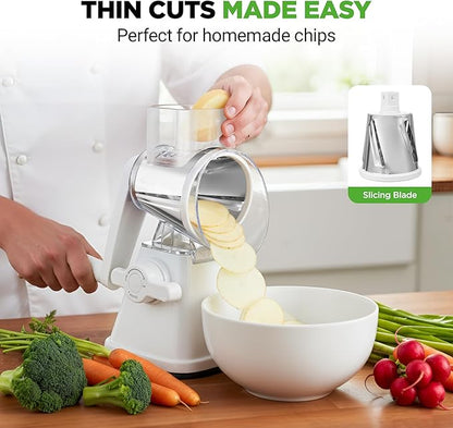 NutriChef 3 in 1 Cheese Grater & Shredder | Strong Suction Base, Rotary Handle with Safety Lock | Includes Hand Crank & 3 Drum Blades for 3 Textures, Fine, Medium & Strips | White - Image 6