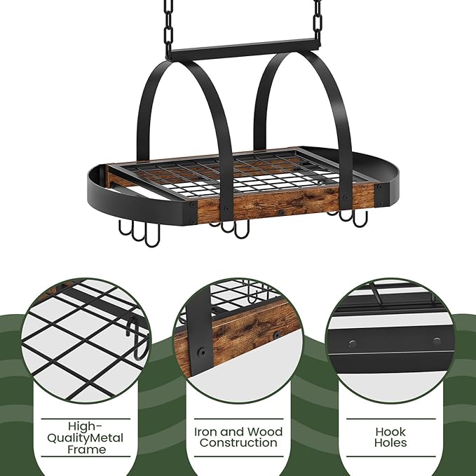 CHOEZON Hanging Pot Rack, Pot Hanger for Kitchen, Ceiling Mounted Pot Holder, Cookware Organizer with 9 S-Shaped Hooks, for Pot, Pan Storage, Space-Saving, Rustic Brown and Black TPR07BF - Image 6