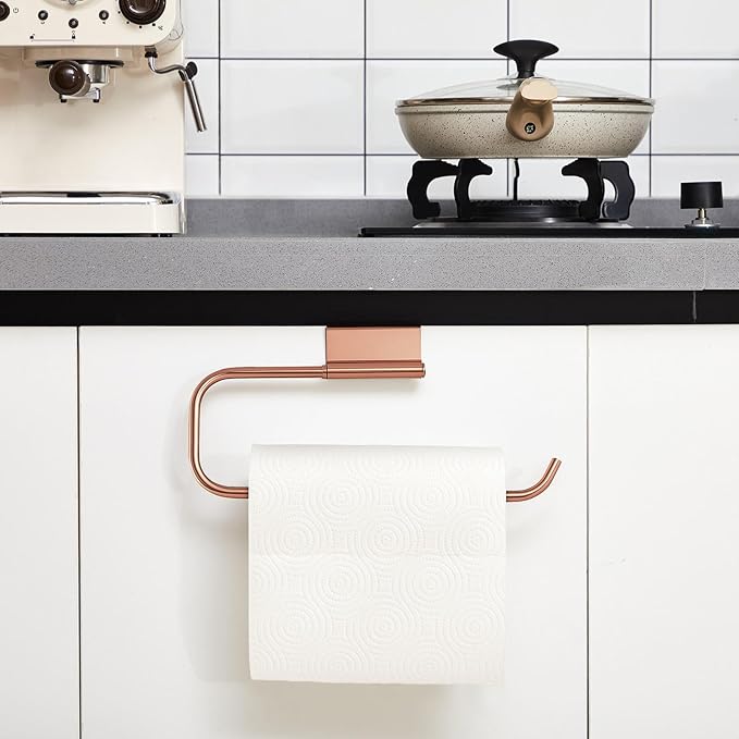 Yaocom 12.4 Inches Cabinet Door Paper Towel Holder Camper Under Sink No Drilling Paper Towel Storage and Dispenser for RV Kitchen Bathroom Laundry Room, Stainless Steel(Rose Gold,1 Pcs)
