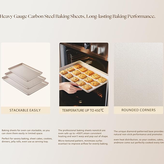 Baking Sheet Set of 3, Nonstick Heavy Duty Cookie Sheets for Oven - 13.6"×9.6"/15.5"×10.6"/17.5"×11.8" Warp-Resistant Carbon Steel Bakeware Trays, Champagne Gold, Dishwasher & Oven Safe - Image 5