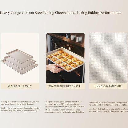 Baking Sheet Set of 3, Nonstick Heavy Duty Cookie Sheets for Oven - 13.6"×9.6"/15.5"×10.6"/17.5"×11.8" Warp-Resistant Carbon Steel Bakeware Trays, Champagne Gold, Dishwasher & Oven Safe - Image 5
