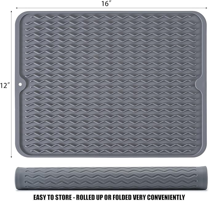 Silicone Dish Drying Mat, Non-Slip Easy Clean Sink Mat Large Heat-resistant Dish Drainer Mat for Kitchen Counter, Sink, Refrigerator or Drawer liner (16" x 12", GREY) - Image 2