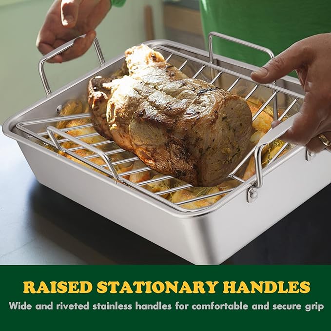 E-far Roasting Pan, 16 x 11.5 Inch Stainless Steel Turkey Roaster with V-shaped & Flat Rack, Non-toxic & Heavy Duty Deep Broiling Pan, Dishwasher Safe - Large