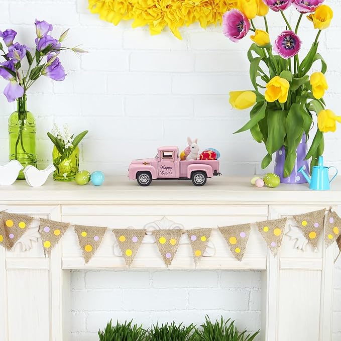 Pink Easter Decorations - Mini Farmhouse Vintage Metal Truck with Easter Eggs & Bunny, Pink Spring Farm-Style Pickup Decor for Table Tiered Tray Home Kitchen Office Keepsake Gifts