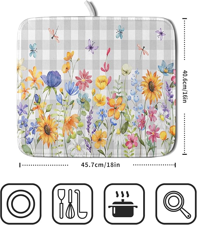 Giwawa Spring Floral Dish Drying Mat, Summer Flower Grey Buffalo Plaids Dish Drainer Mats, Wildflower Butterfly Check Reversible Drying Rack Pad Protector for Kitchen Countertop Decor, 16"x18"