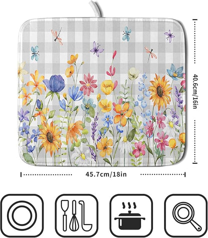 Giwawa Spring Floral Dish Drying Mat, Summer Flower Grey Buffalo Plaids Dish Drainer Mats, Wildflower Butterfly Check Reversible Drying Rack Pad Protector for Kitchen Countertop Decor, 16"x18"