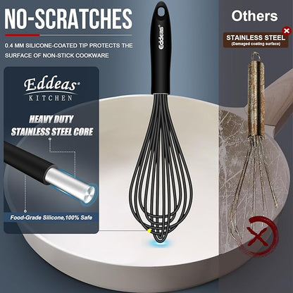 Whisks For Cooking - 500 °F Heat Resistant Silicone Whisk, Heavy Duty 7",9"&11inch Non-Scratch Balloon Kitchen Wisk tool Set, for cooking Wisking, Blending, Beating, Stirring, 3 Piece Black - Image 2